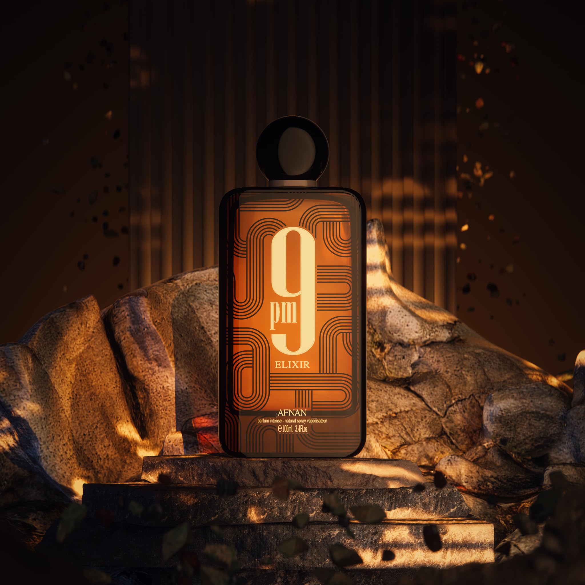 Afnan 9 PM Elixir packaging on display signals premium unisex parfum experience.