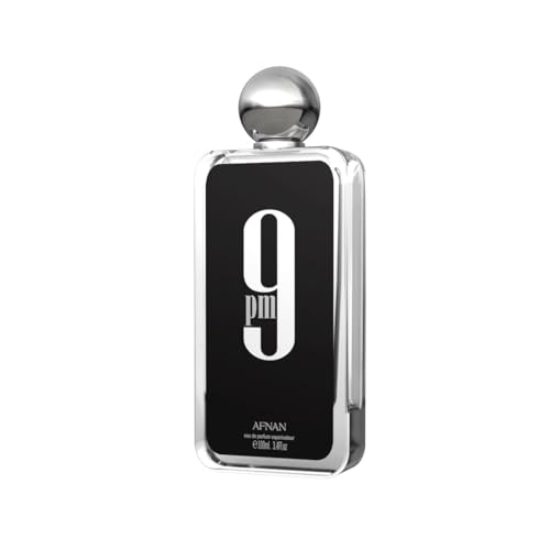 Afnan 9 PM for Men bottle angled highlights spicy and warm notes for evenings out.
