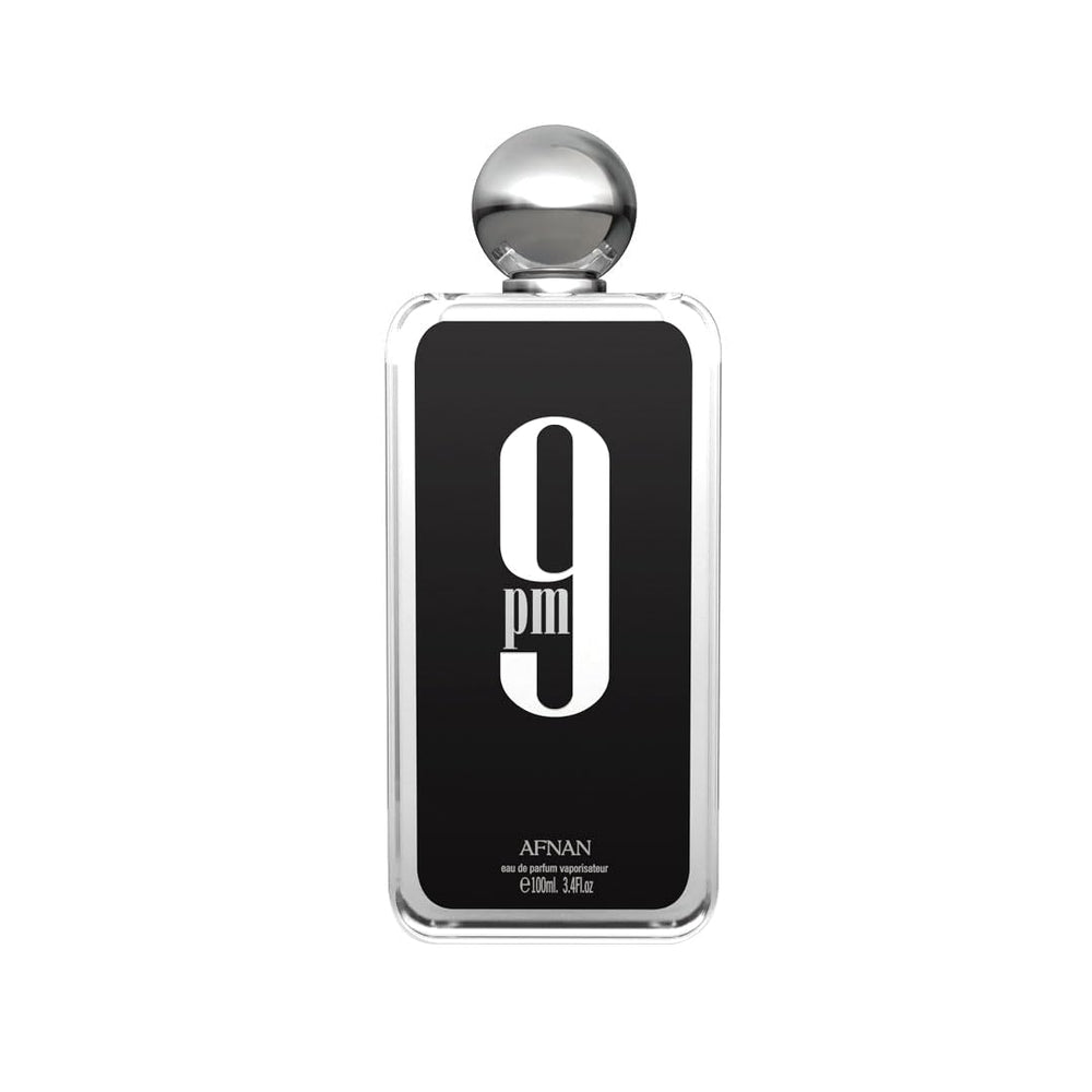 Afnan 9 PM for Men bottle front showcases bold masculine scent for confident evenings.