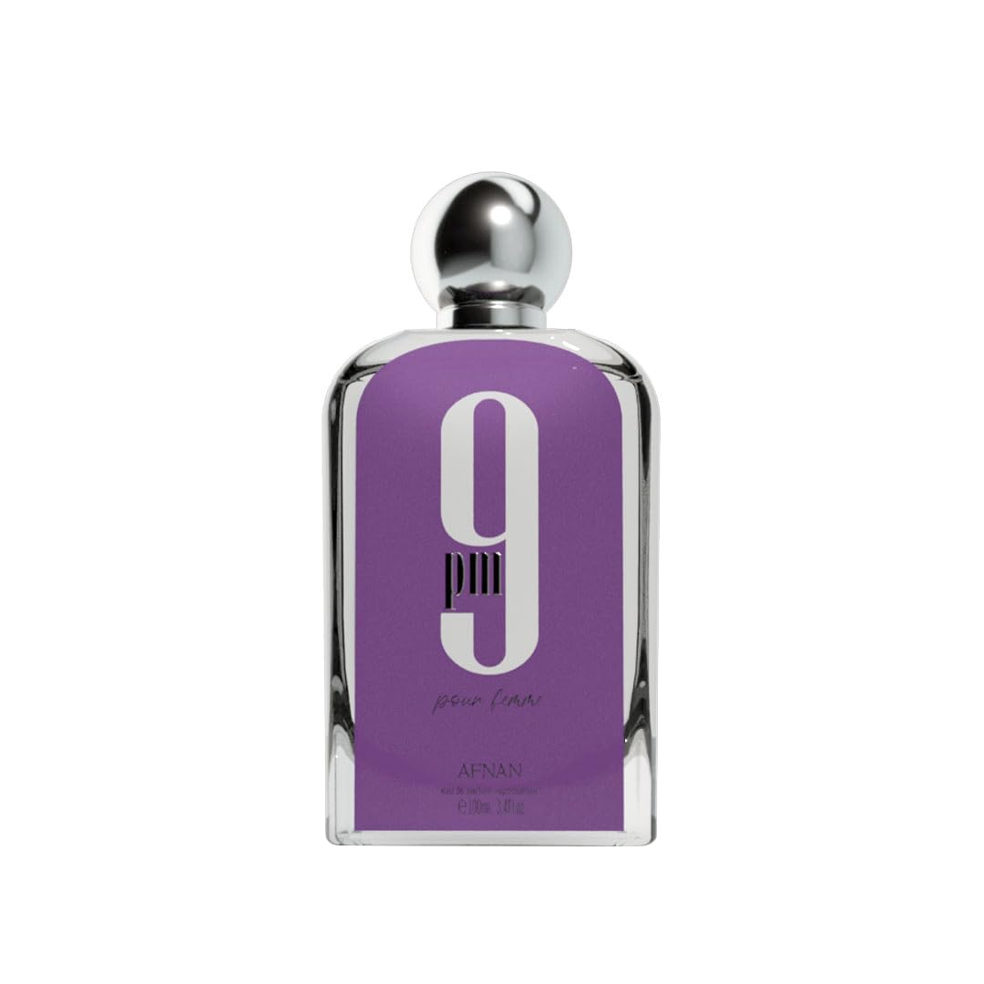 Afnan 9 PM Pour Femme bottle front showcases elegant design for an evening fragrance.