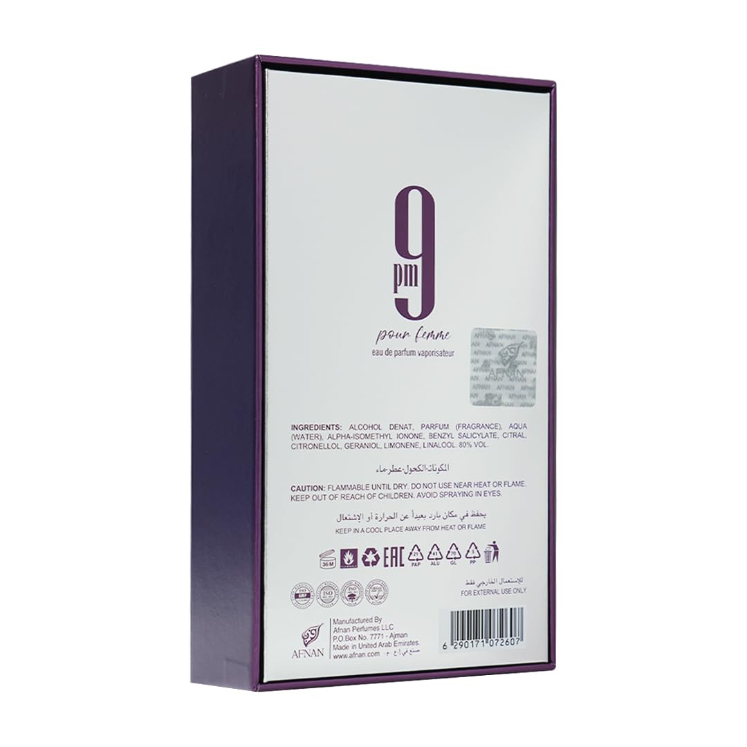 Afnan 9 PM Pour Femme box exterior suggests gift-ready luxury.