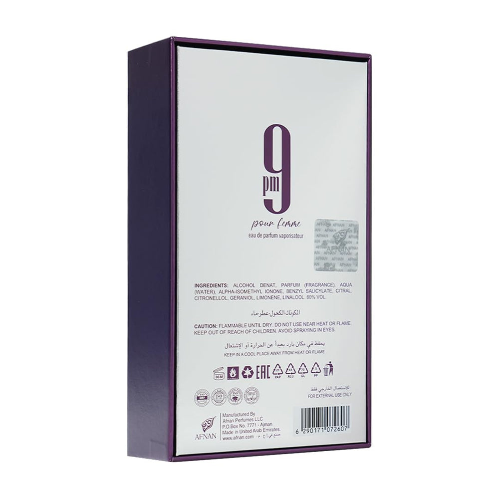 Afnan 9 PM Pour Femme box exterior suggests gift-ready luxury.
