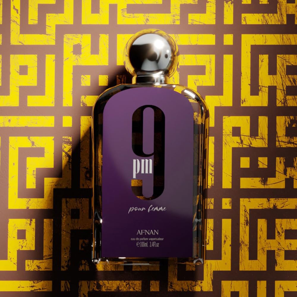 Afnan 9 PM Pour Femme label close-up highlights premium branding.