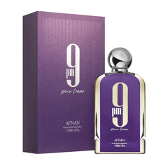 Afnan 9 PM Pour Femme vanity display evokes intimate evening rituals.