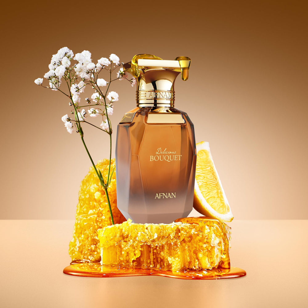 Afnan Delicious Bouquet bottle closeup hints gourmand notes for special occasions