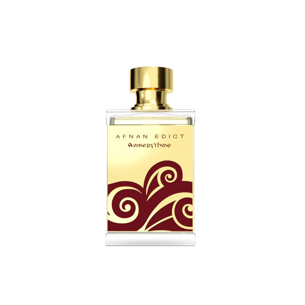 Afnan Edict Amberythme bottle close-up showing warm amber and spice for evening allure