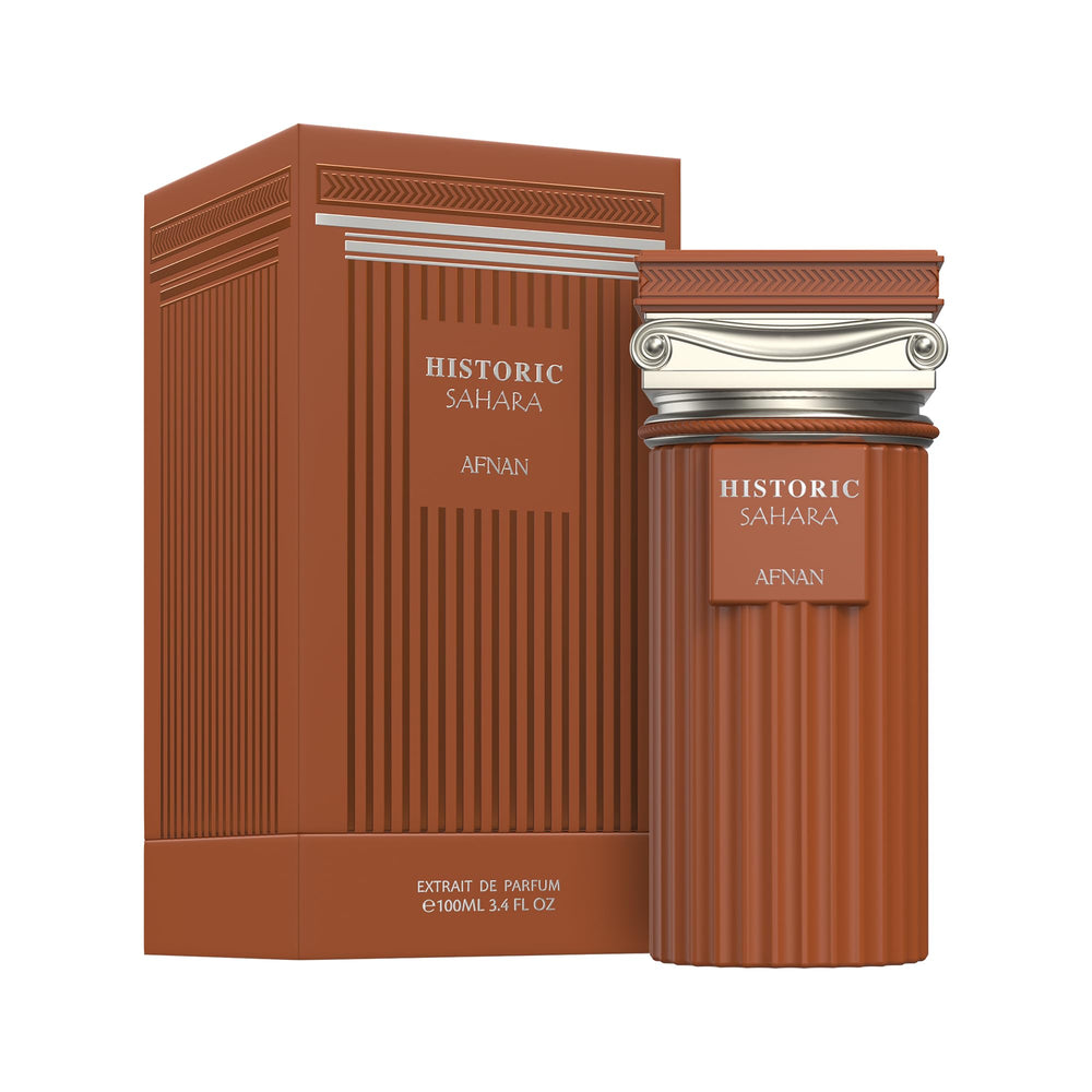 Afnan Historic Sahara base notes display musk, tonka, wood, and praline for lasting signature