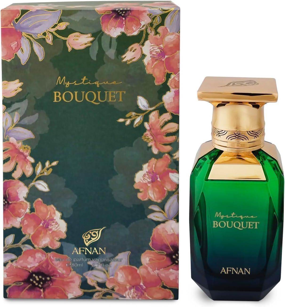 Afnan Mystique Bouquet base-notes image highlights ambroxan and vanilla for lasting sophistication