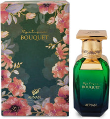 Afnan Mystique Bouquet base-notes image highlights ambroxan and vanilla for lasting sophistication