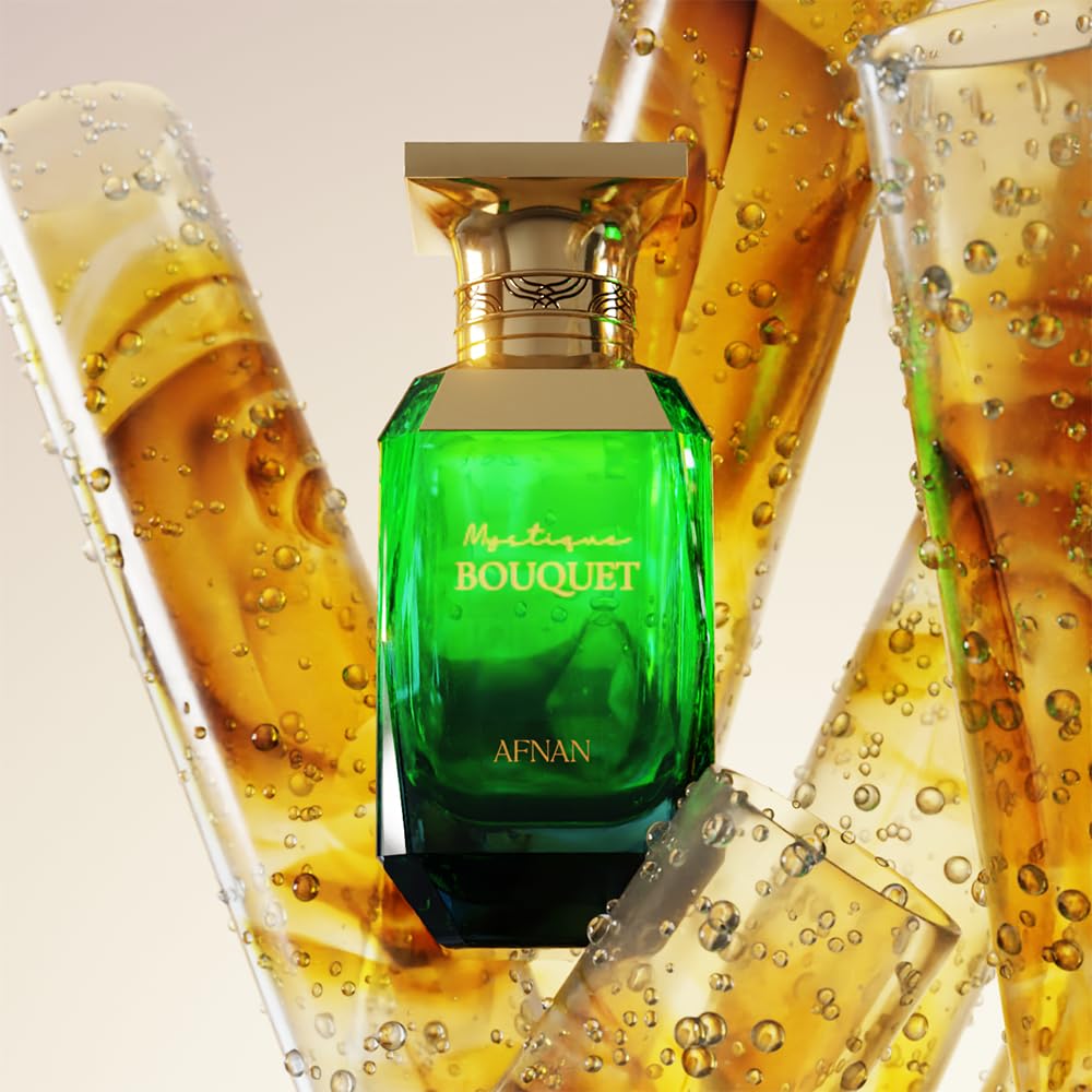 Afnan Mystique Bouquet wear-and-application image suggests versatile scent layering for evening or work