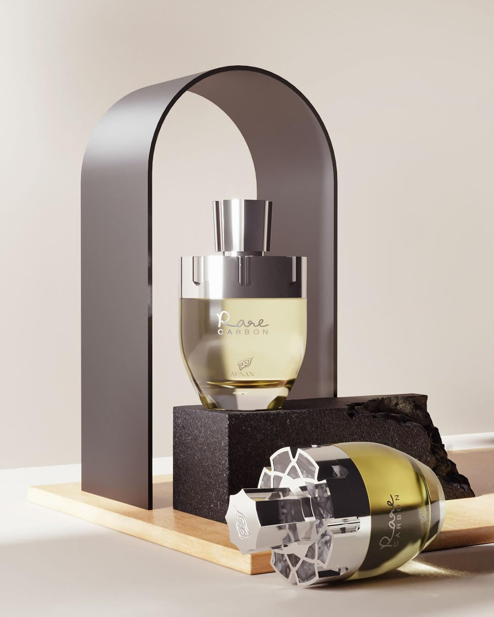 Afnan Rare Carbon bottle pour shot reveals rich amber and spice for evening intrigue.