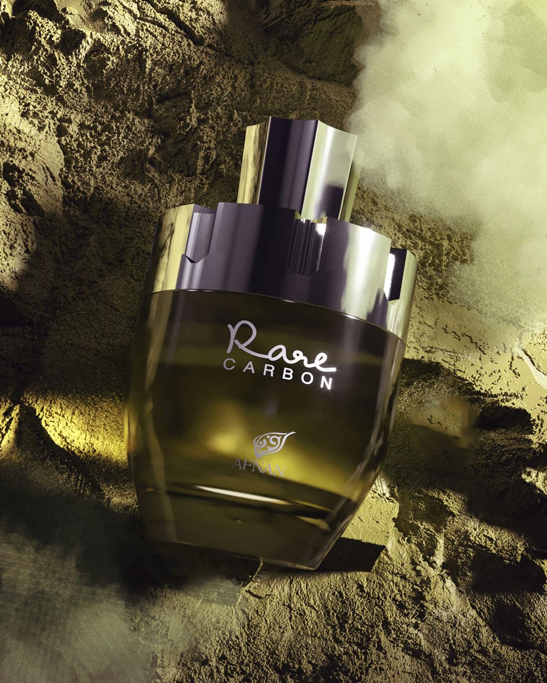 Afnan Rare Carbon display setup captures luxury fragrance for shelf appeal.