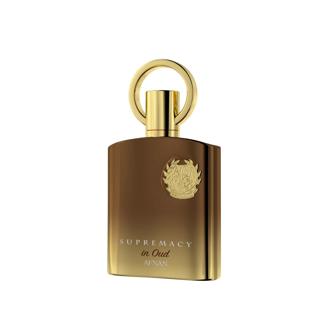 Afnan Supremacy in Oud label detail, emphasizes refined branding for collectors and connoisseurs.