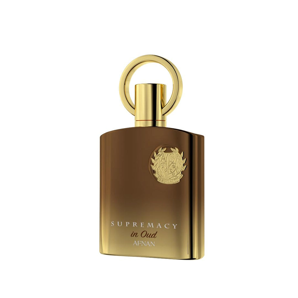 Afnan Supremacy in Oud label detail, emphasizes refined branding for collectors and connoisseurs.