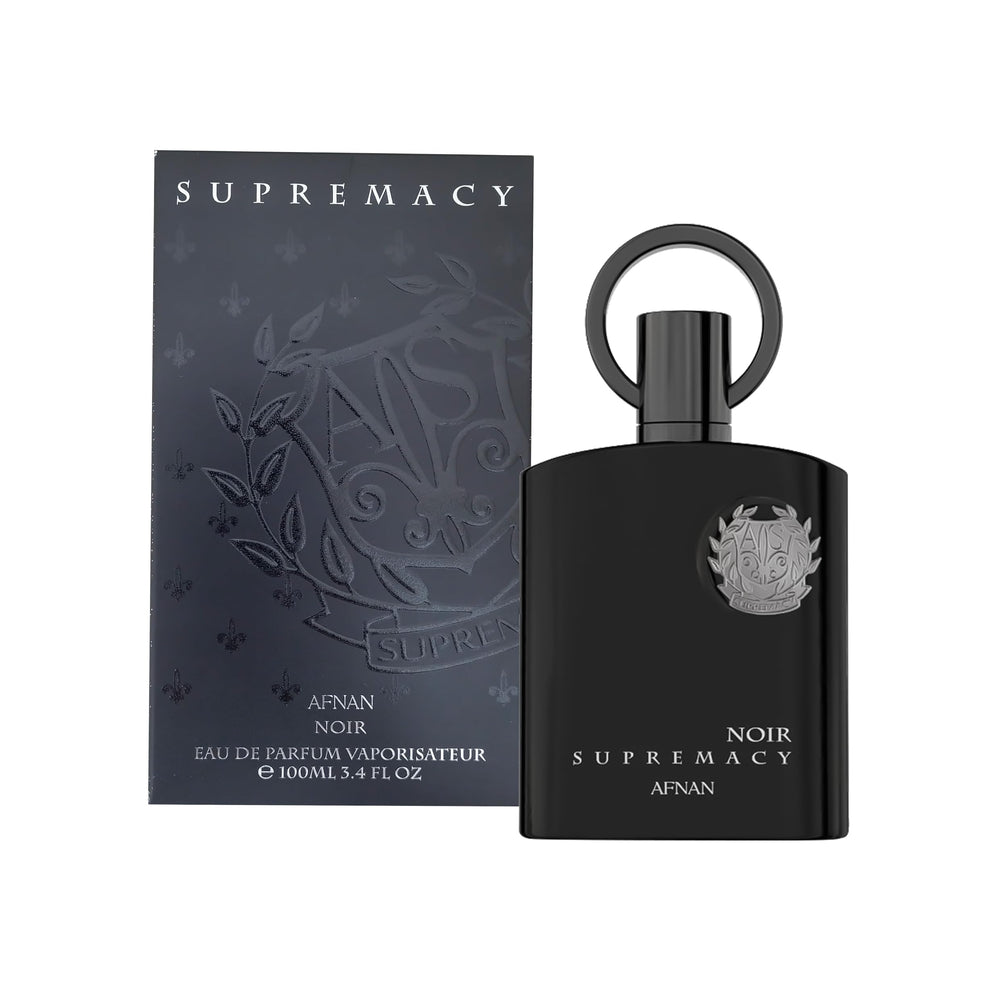 Afnan Supremacy Noir bottle closeup showcases bold silhouette for evening wear.