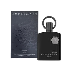 Afnan Supremacy Noir bottle closeup showcases bold silhouette for evening wear.