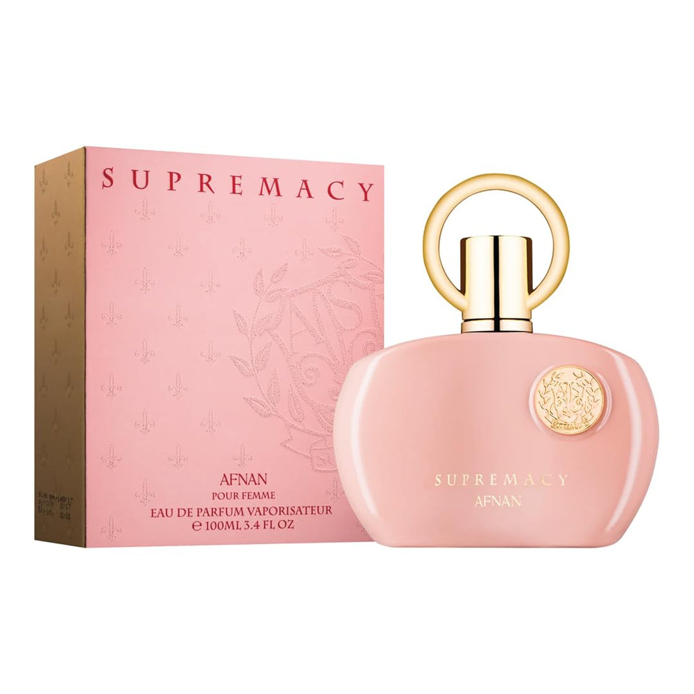 Afnan Supremacy Pink base notes musk and dry amber deliver lasting warmth.