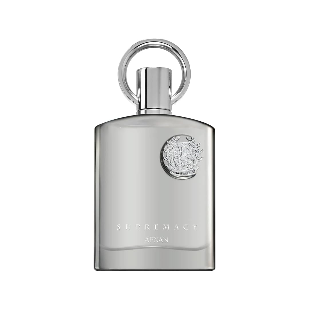 Afnan Supremacy Silver bottle front view for confident evening wear.