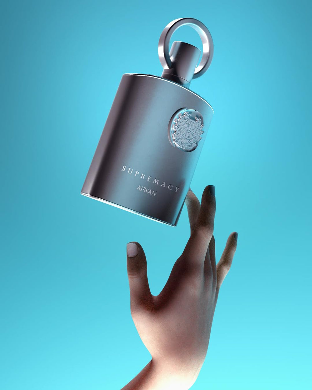 Afnan Supremacy Silver bottle on wood surface for masculine display.