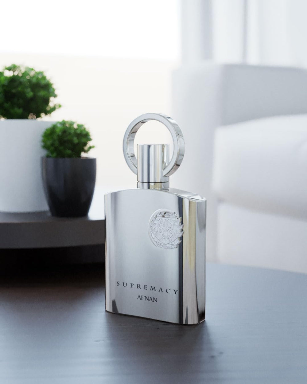 Afnan Supremacy Silver bottle side angle highlighting premium silhouette for gifting.