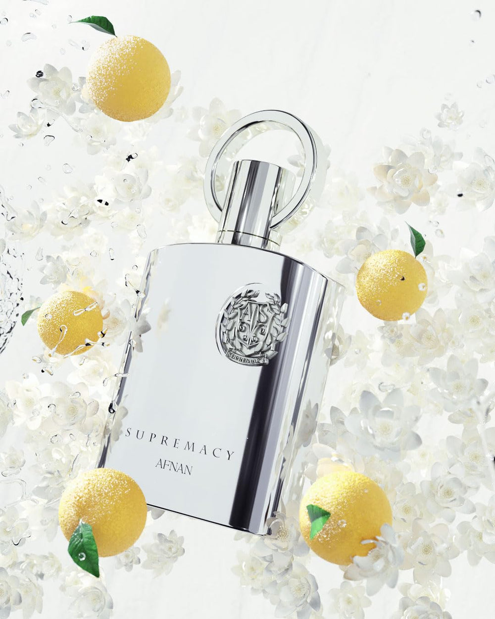 Afnan Supremacy Silver bottle upright on a shelf for daily wear.