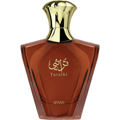 Afnan Turathi Brown bottle front with bold citrus and woody notes for confident daytime wear.