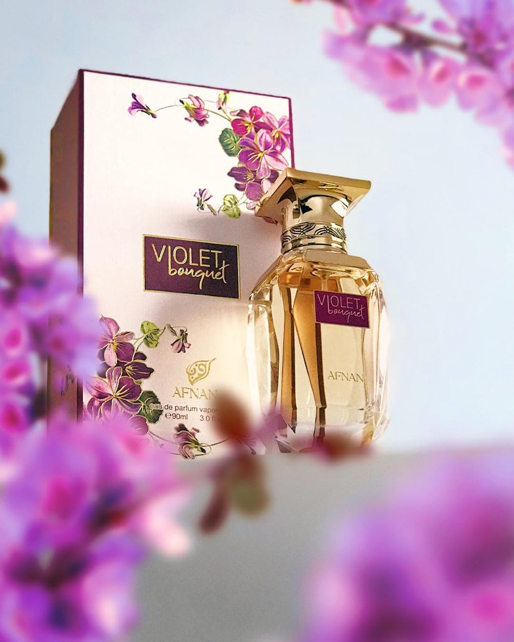 Afnan Violet Bouquet embossed label conveys premium branding and quality.