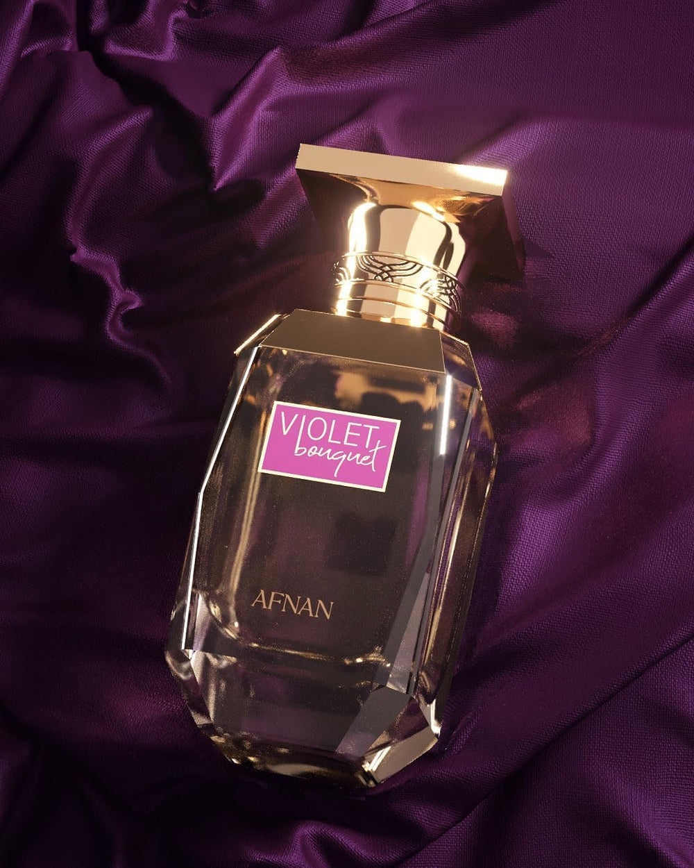 Afnan Violet Bouquet on store display appeals to modern elegant shoppers.