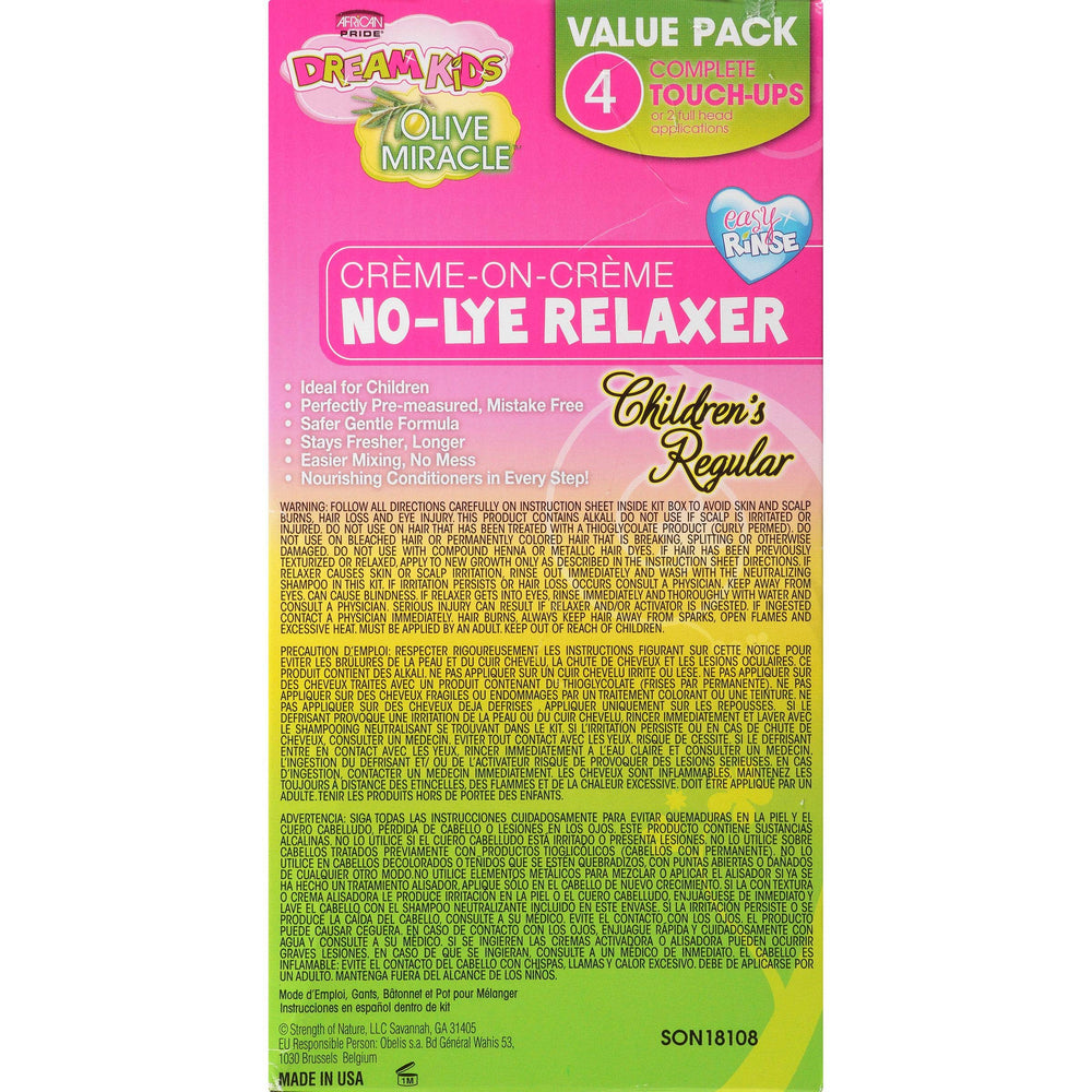 African Pride Dream Kids Olive Miracle Relaxer Kit back view showing easy at-home use.