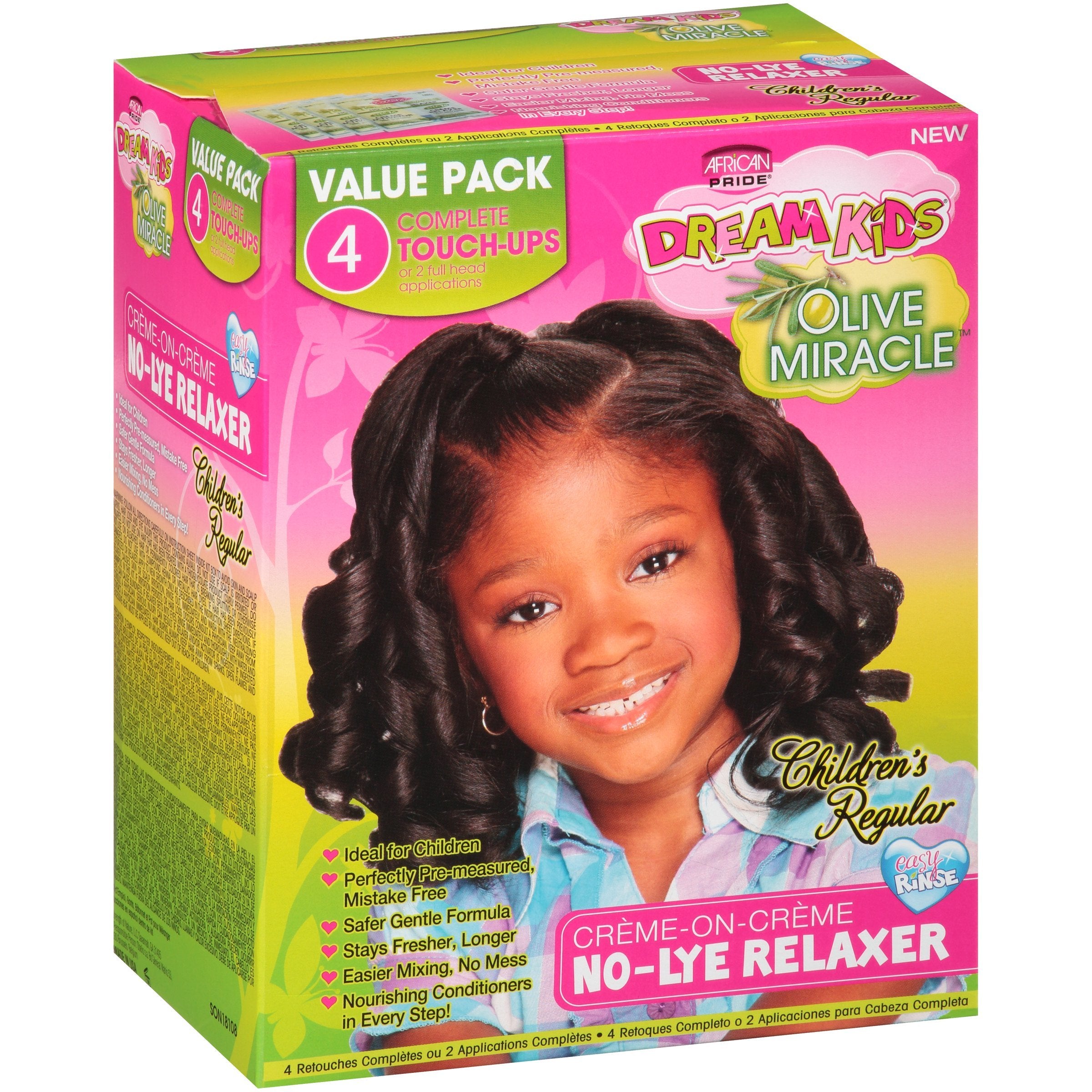 African Pride Dream Kids Olive Miracle Relaxer Kit front view for gentle kid touch-ups and moisture sealing.