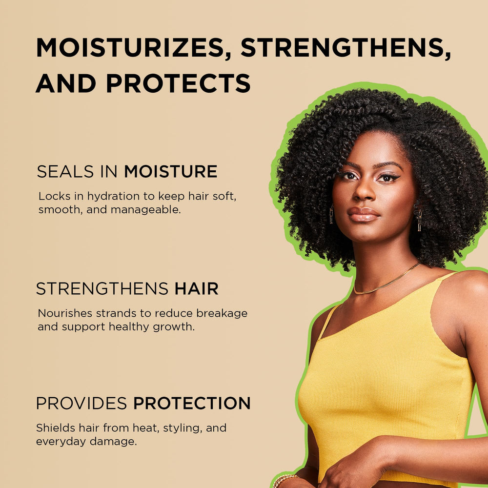 African Pride Moisture Miracle argan oil bottle for smoothing cuticles and gloss.