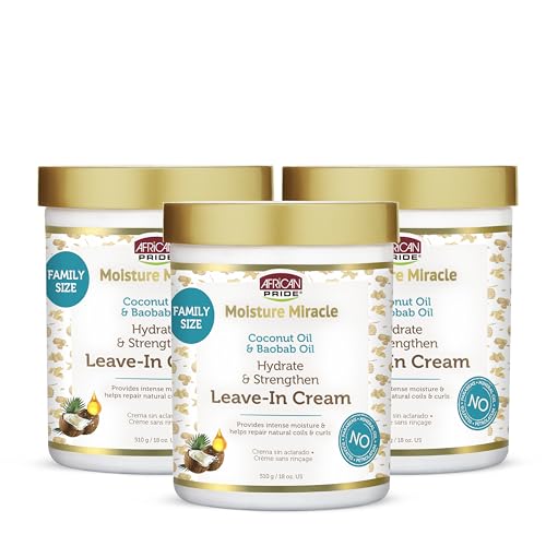 African Pride Moisture Miracle coconut-baobab leave-in cream bottle providing lasting curl hydration