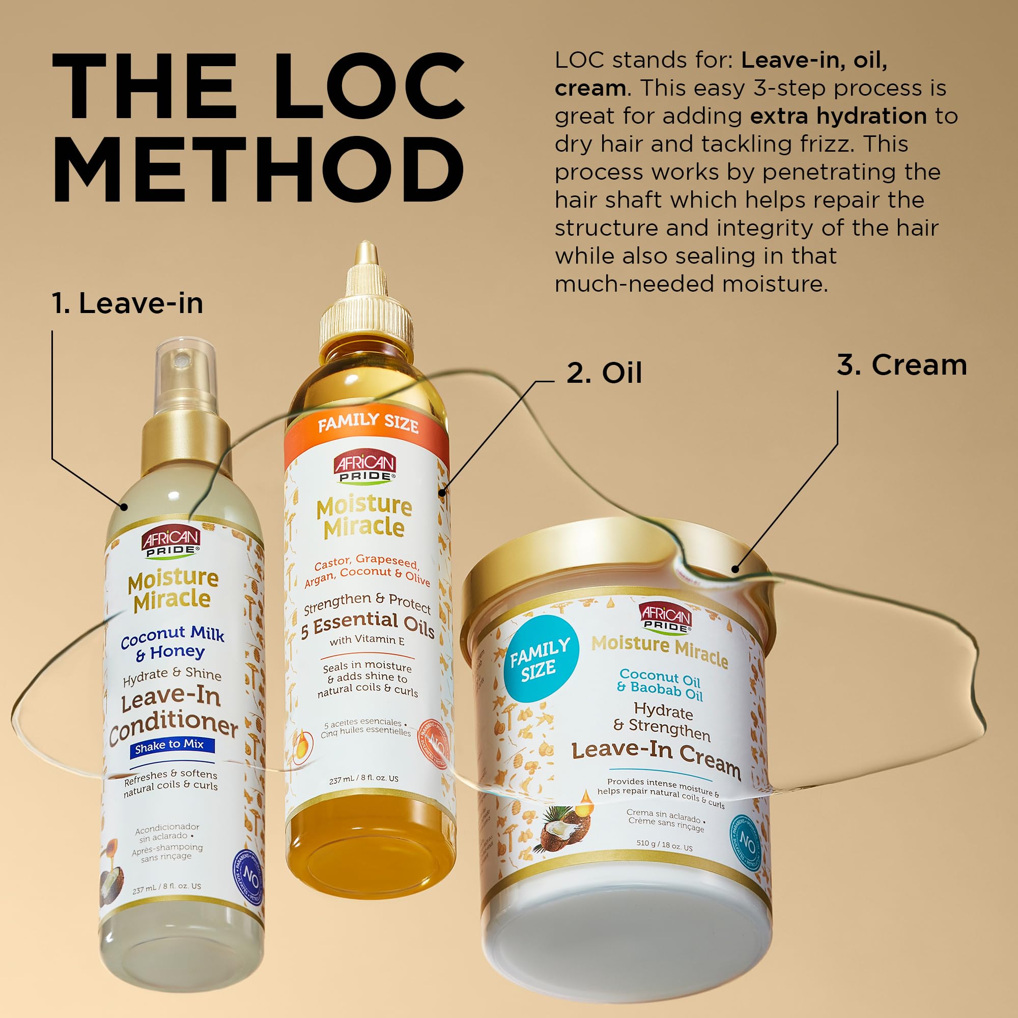 African Pride Moisture Miracle coconut oil bottle delivers lightweight moisture and softness.