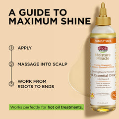 African Pride Moisture Miracle grapeseed oil bottle offers thermal protection during styling.