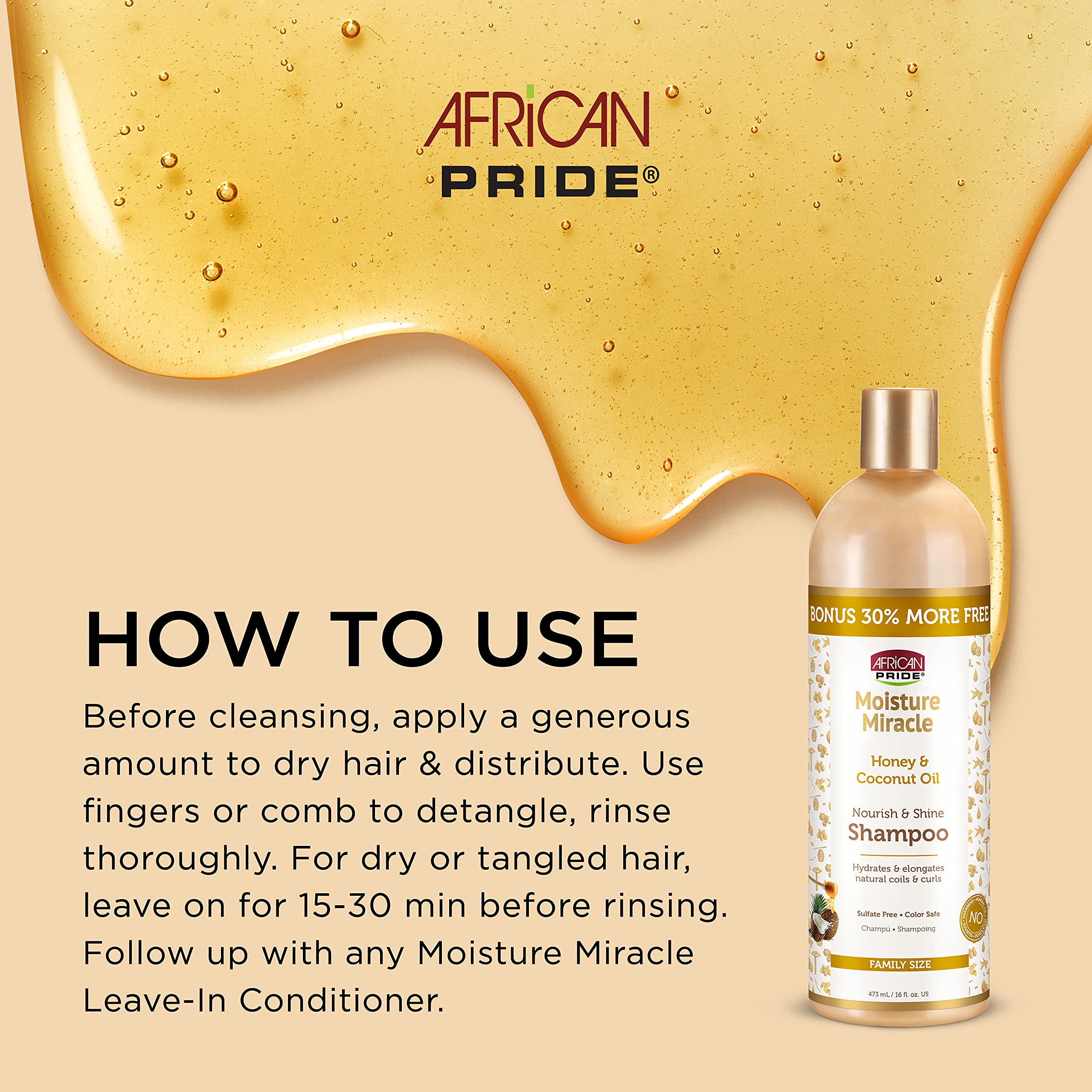 African Pride Moisture Miracle ingredients closeup highlights honey and coconut for moisture