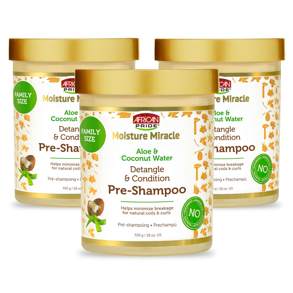 African Pride Moisture Miracle pre-shampoo detangler bottle promotes smooth, tangle-free curls before washing