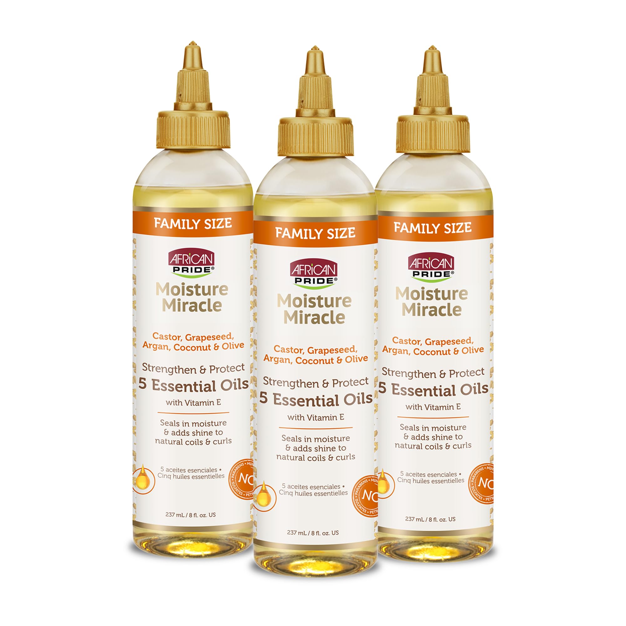 African Pride Moisture Miracle three-pack bottles for daily hydration and shine.