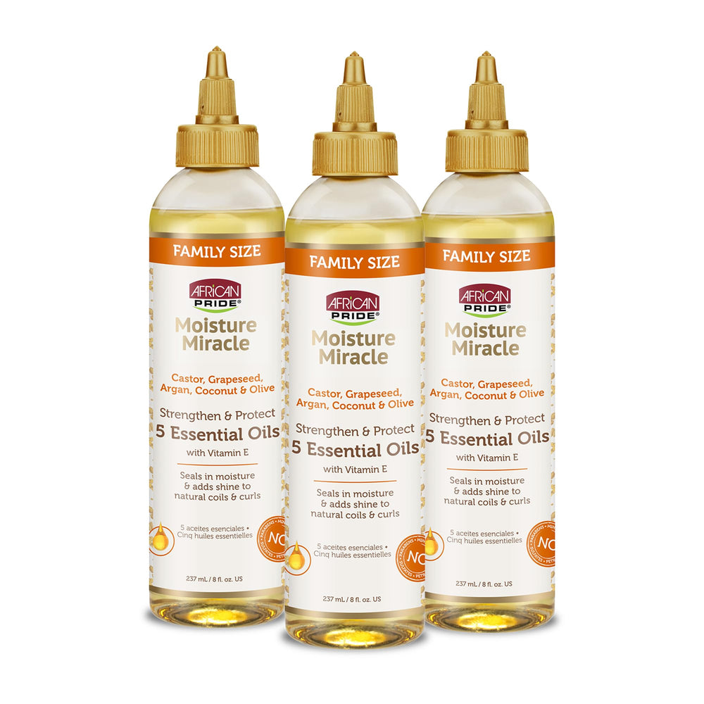 African Pride Moisture Miracle three-pack bottles for daily hydration and shine.