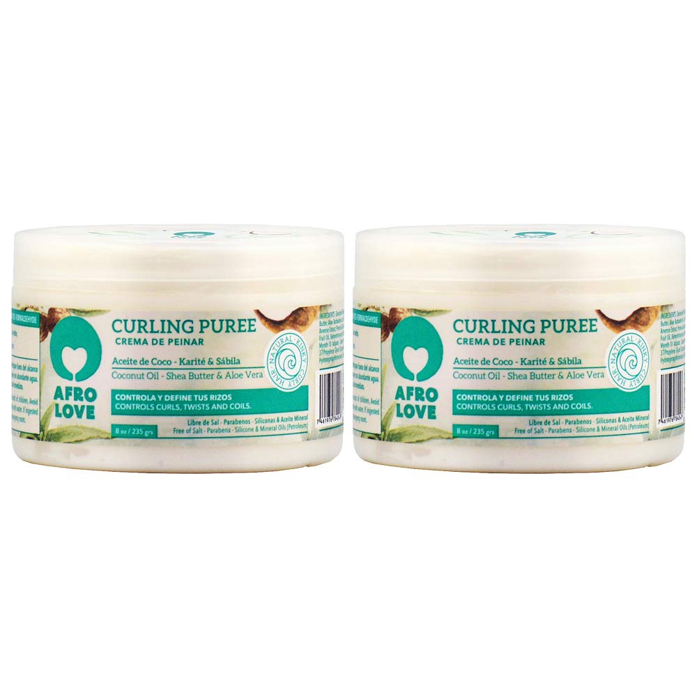 Afro Love Curling Puree 8oz pack image showing dual jars for hydrated, defined curls.