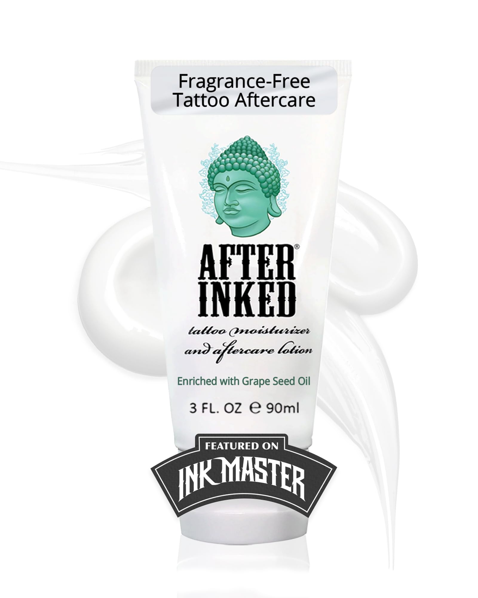 After Inked Tattoo Aftercare Lotion tube delivers hydrating inked-skin care.