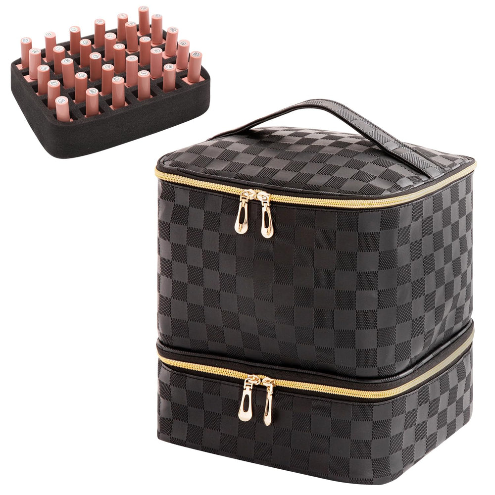AFUOWER nail polish organizer bag front view in checkered black for travel convenience.