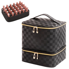 AFUOWER nail polish organizer bag front view in checkered black for travel convenience.
