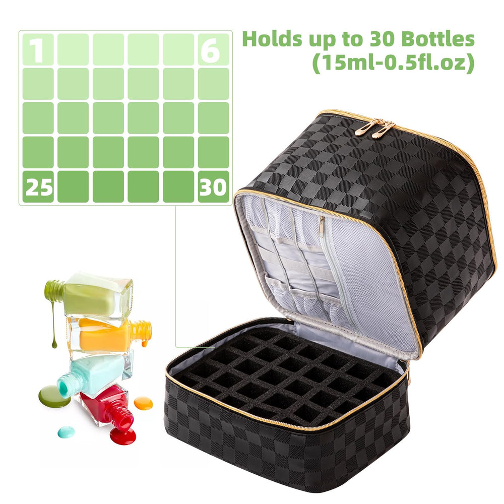 AFUOWER nail polish organizer bag interior compartments keep bottles and tools organized.