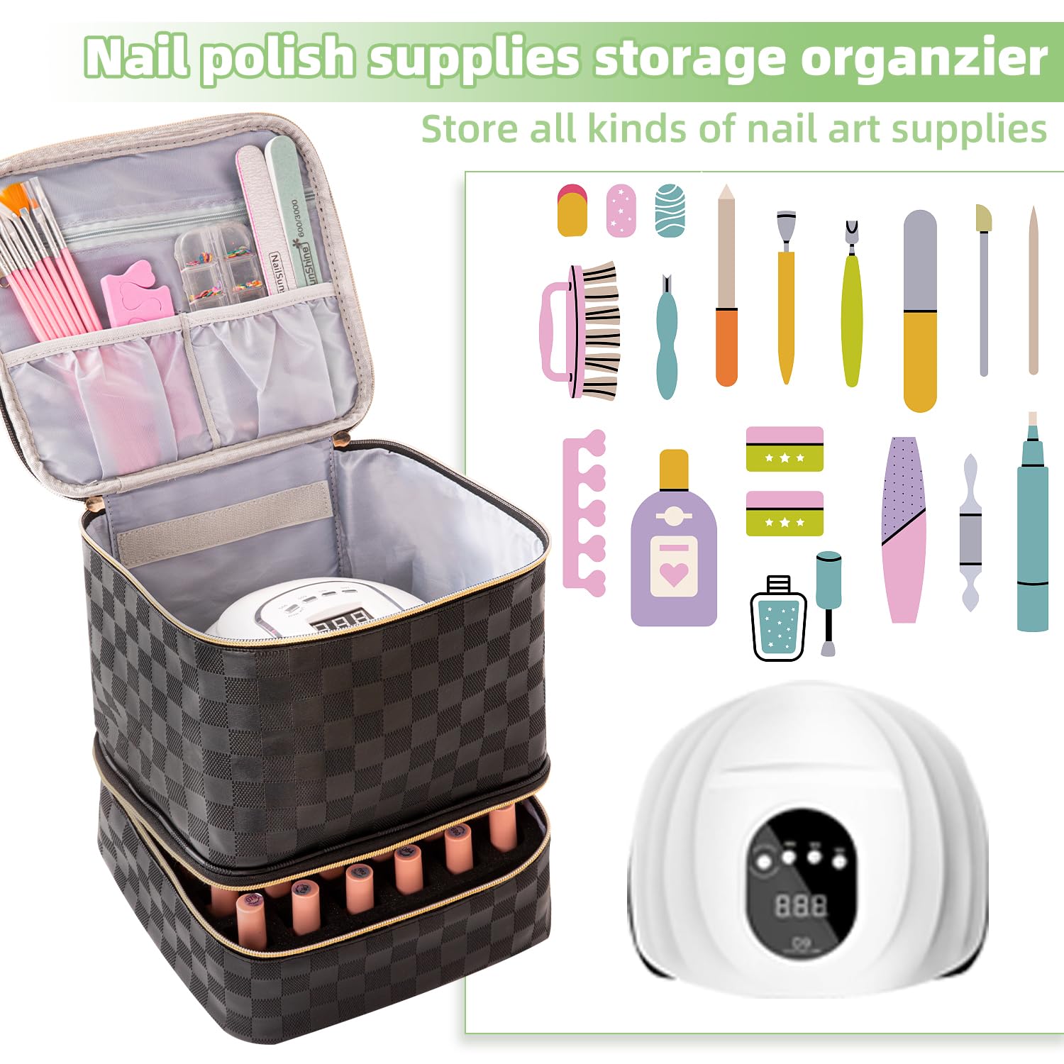 AFUOWER nail polish organizer bag top handle enables easy carry on the go.