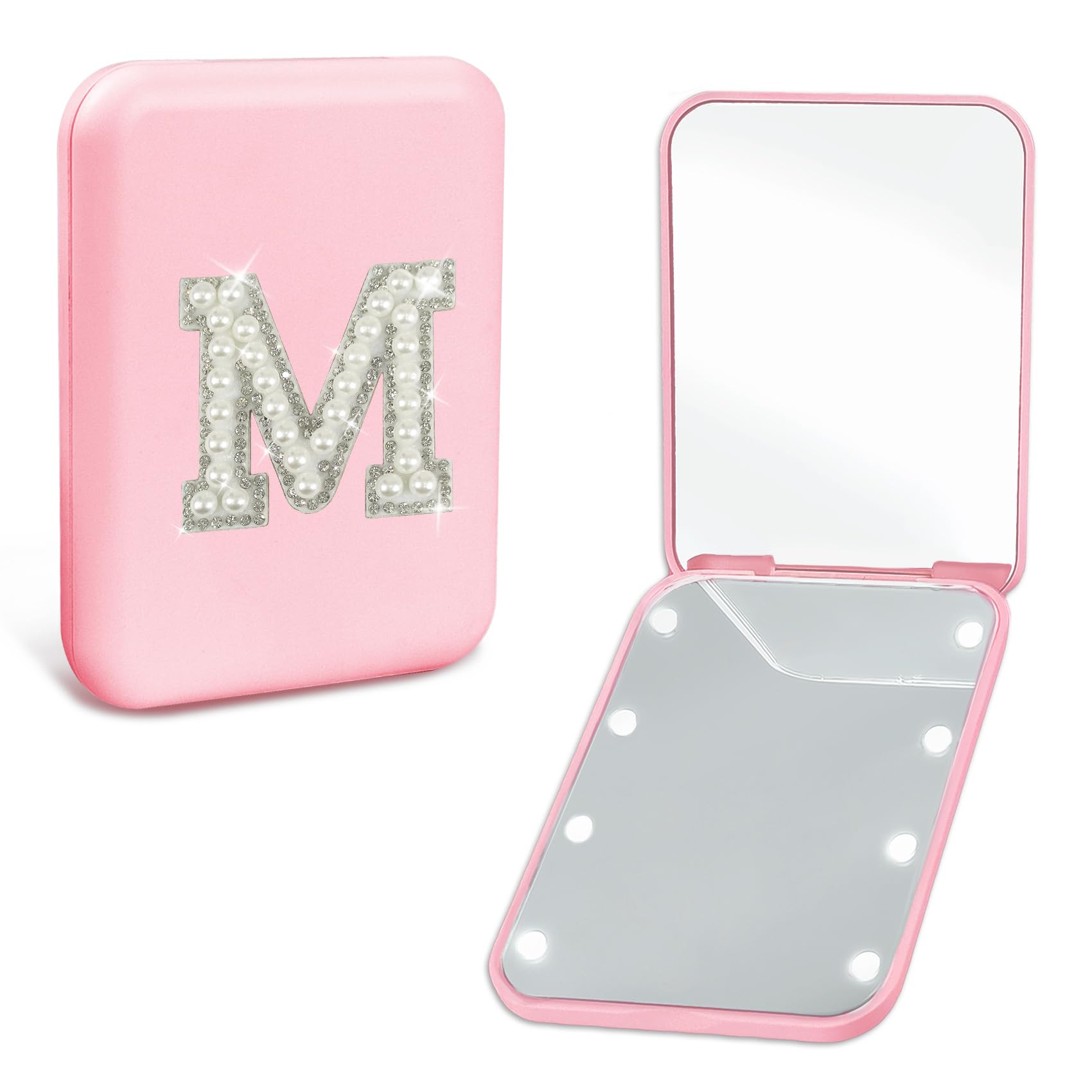 Aganmi small mirror with lights showing pearl letters for personalized initials and style