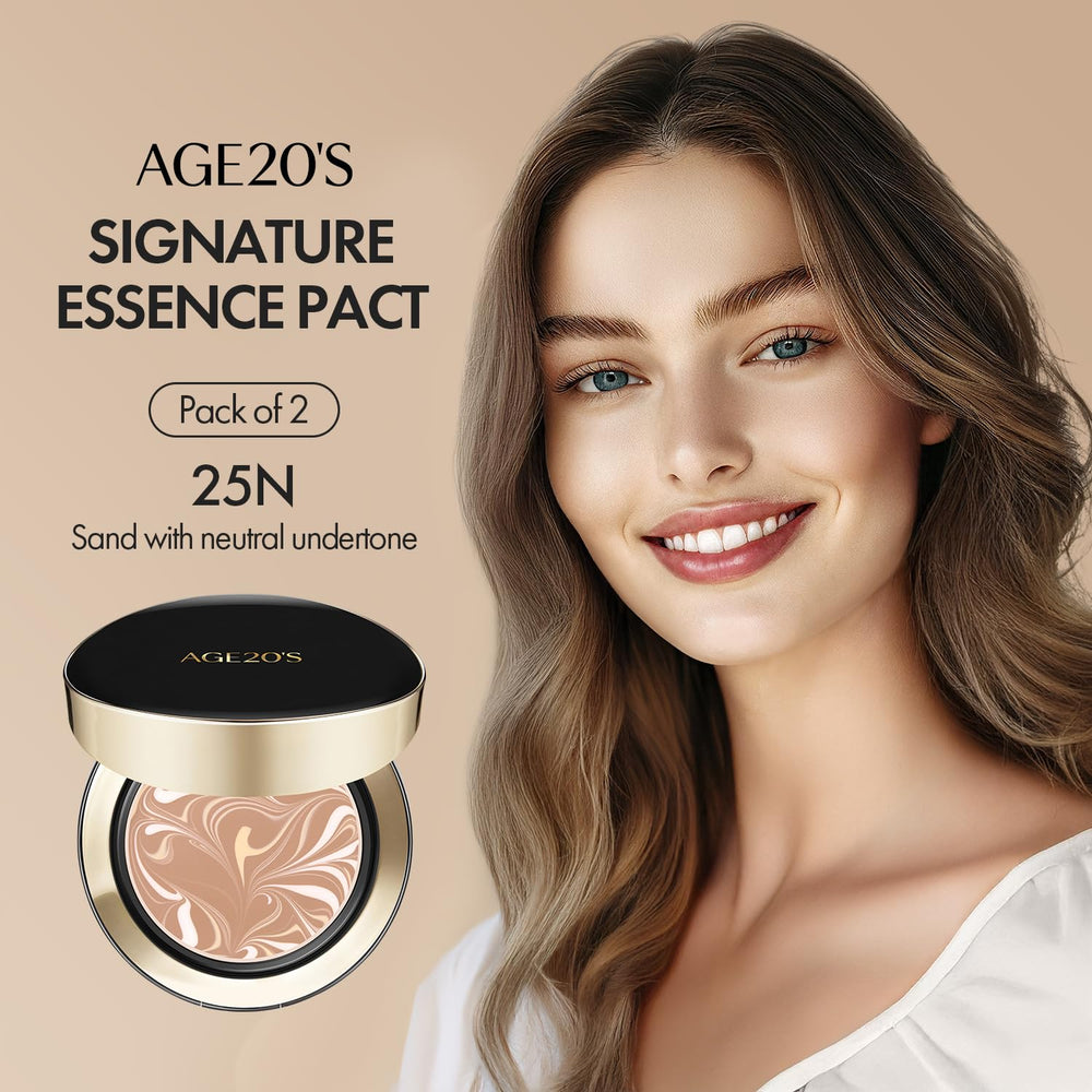 Compact case design of AGE 20's Signature Essence Pact for travel.