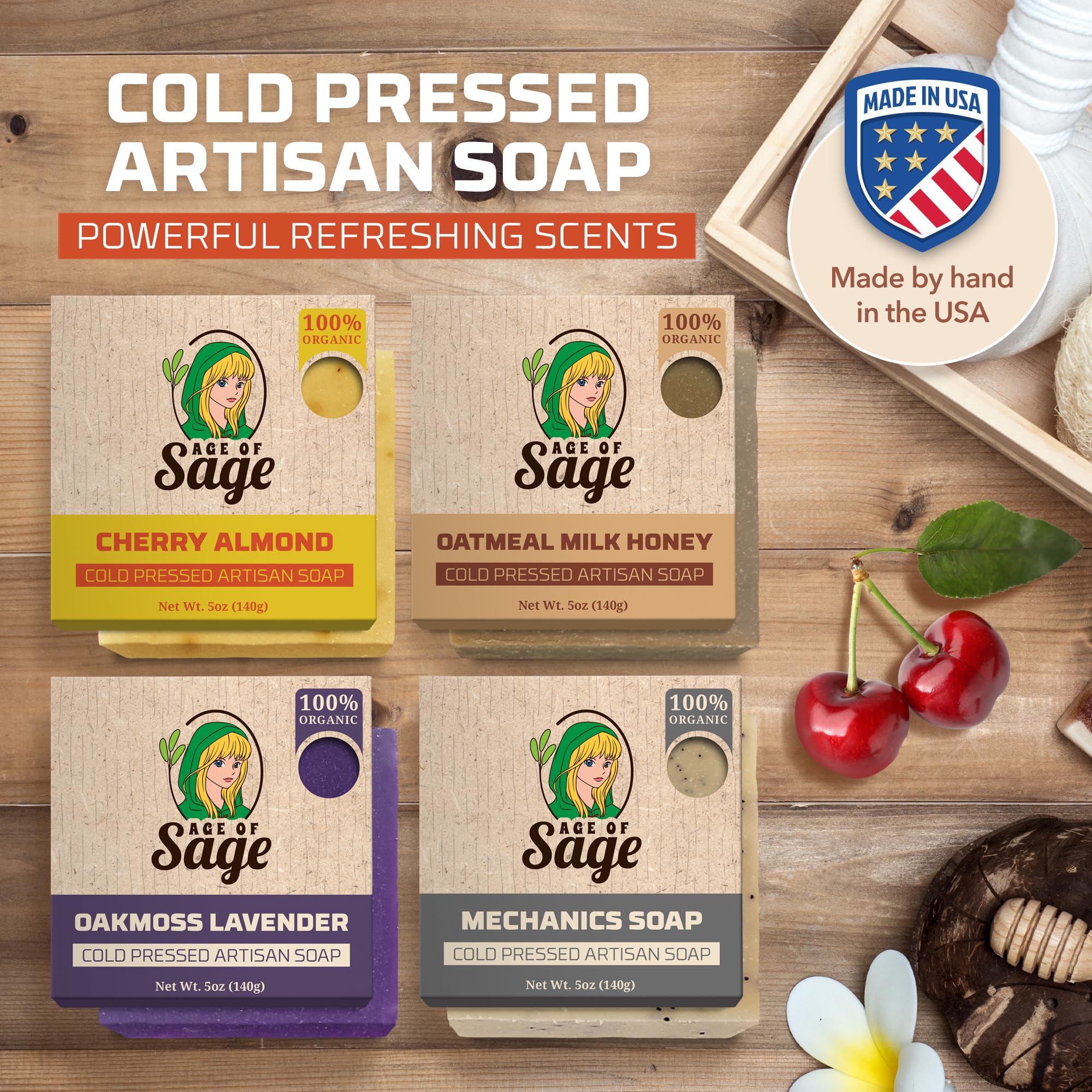 Age of Sage bars lined up—assorted scents for refreshing cleansing.