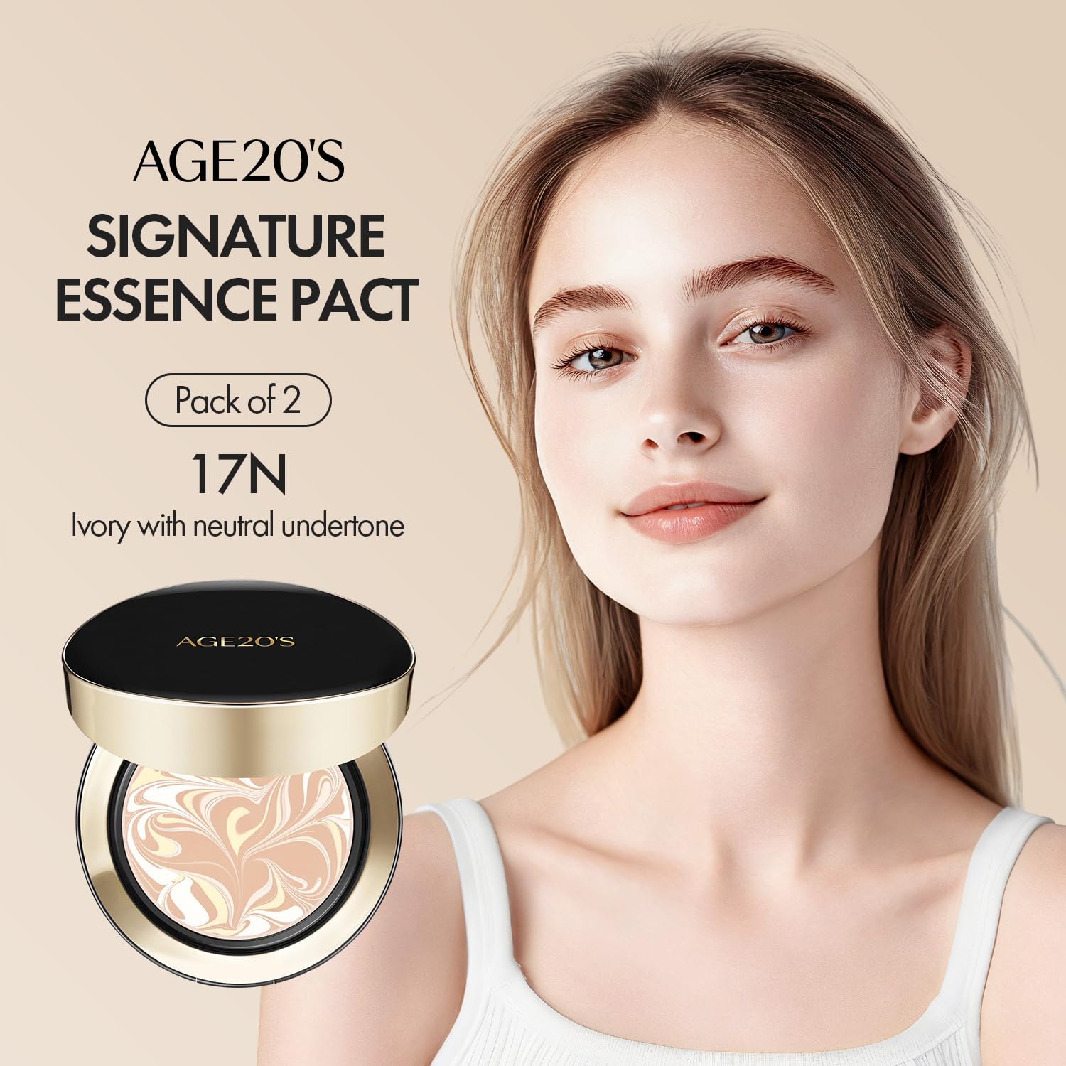 AGE 20's Signature Essence Pact dewy finish enhances skin texture.