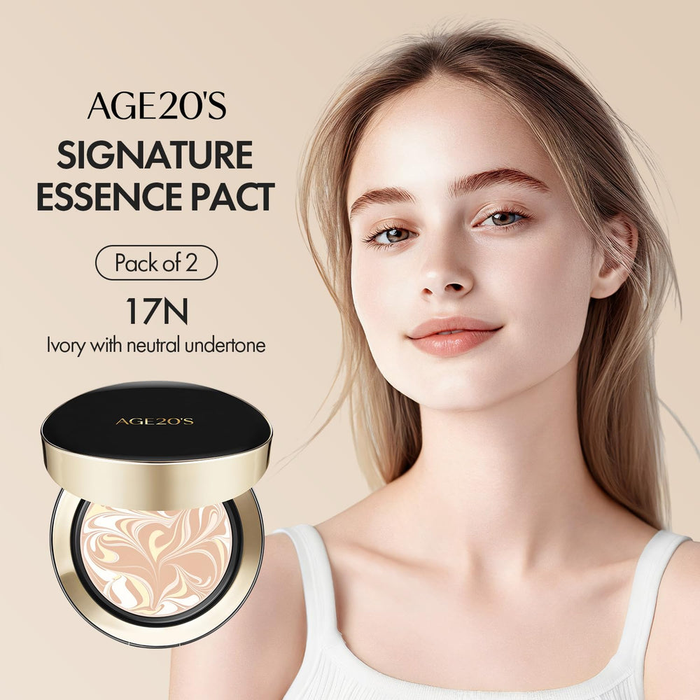 AGE 20's Signature Essence Pact dewy finish enhances skin texture.