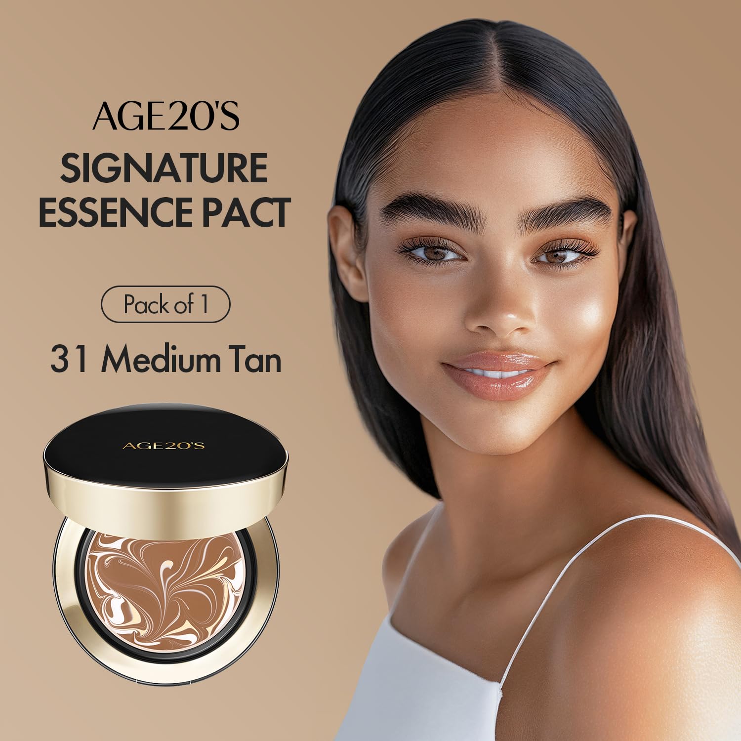 AGE 20's Signature Essence Pact SPF50 dewy finish nourishes skin with 71% essence.